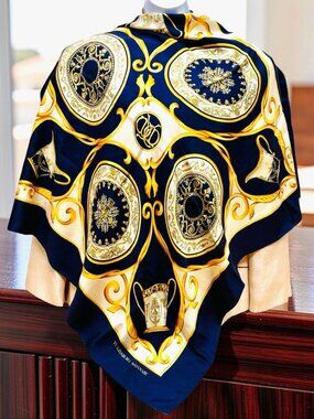 Charming YUKISABURO WATANABE  Scarf  Silk 34.5" Ivery Blue Black Gold Arts  ( 23